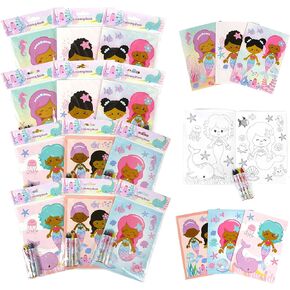 TINYMILLS Rainbow Mermaid Coloring Book Set for Kids Party Favors with 12 Coloring Books and 48 Crayons African American Girl Birthday Party Supplies Favor Bag Filler
