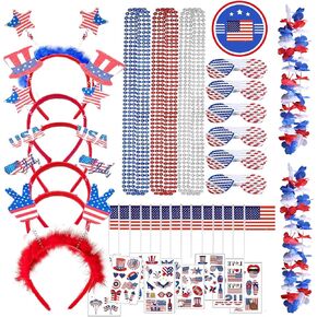 إكسسوارات حفلات الرابع من يوليو، زينة لوازم الحفلات السائبة 98 قطعة تتضمن 6 عصابات رأس وطنية، 6 أكواب، 12 قلادة خرز، 60 نمط وشم، 2 قلائد ليس و12 علمًا أمريكيًا ليوم الذكرى in Kuwait