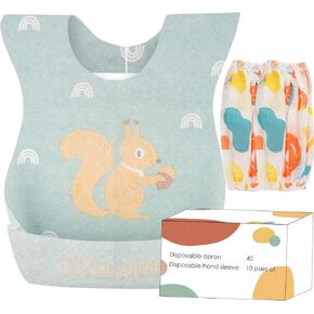 Linkidea 40 Pack Disposable Toddler Bibs & 10 Pairs Disposable Sleeves, Waterproof Portable Toddler Drool Bibs & Toddler Sleeves, for Boys Girls (Squirrel)