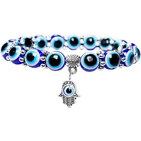 Turkish Evil Eye Bracelet, Hamsa Blue Beaded Charm Stretch Bracelet Hand of Fatima for Girl Women Lucky Charm Stretch Bracelets Lucky Evil Eye Bracelet for Protection and Blessing