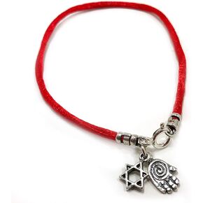 Sterling Silver Star of David Charm & Lucky Hamsa Hand Charms Bracelet on Red String Bracelet - Jewelry for Women Men & Teens - 7" Length