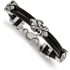 Jewels By Lux Stainless Steel Polished Antiqued Fleur De Lis Black Leather Bracelet