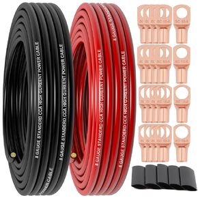 8 Gauge Wire (25FT RED+25FT Black) Copper Clad Aluminum CCA,60A Fuse Holder,20 pcs lugs,20 pcs 2:1 Heat Shrink Tubes,Car Amplifier Power&Ground Cable,Primary Automotive Wire