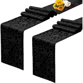 RUDONG M 2 Pack Black Satin Table Runners 12 x 108 Inch, Long Silky Damask Table Runner Decor, Bright Smooth Jacquard Dining Table Runners for Weddings, Banquet, Parties Dinner Decoration