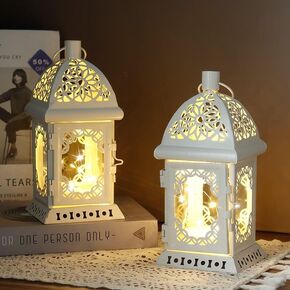 TRIROCKS Vintage Decorative Lanterns Set of 2-7.5''H Battery-Operated Metal Hanging Lanterns with Fairy String Lights for Indoor & Outdoor Home Decor, Living Room, Parties & Events - White