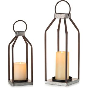 Rustic Metal Lantern Decorative Set of 2, Indoor Hanging Farmhouse Lantern Decor Candle Holder for Table Centerpiece Fireplace Mantle Shelf Porch, 16" & 13" Bulk Home Fall Decoration