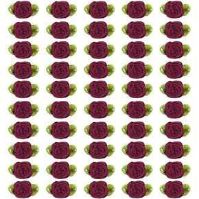 PATIKIL 15mm Tiny Satin Ribbon Rose, 50 Pcs Fabric Flowers Embellishments Rosettes Applique with Green Leaves for DIY Crafts Wedding Decor, Burgundy