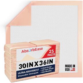 AbsorbEase® Ultra Absorbent Disposable Underpads - 25 Count Waterproof Large 30" x 36" Bed Pads for Incontinence - Leakproof Fast Drying, Baby, Puppy & Adults Bed Pads, Dog Pee Pads, Chucks Chux