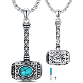 Thors Hammer Necklace 925 Sterling Silver Turquoise Mjolnir Necklace Urn for Ashes Adult Male Necklace Viking Cremation Jewelry for Men Women