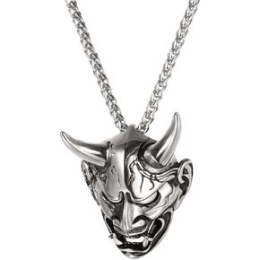 U7 Hannya Mask Necklace, Mens Gothic Punk Pendant, Stainless Steel Silver Black Personalized Evil Demon Horn Jewelry Oni Necklaces with 22 Inch Chain