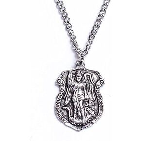 Saint Michael Patron of Police Officers Shield Pendant Necklace,Silver,Small
