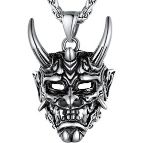 U7 Hannya Mask Necklace, Mens Gothic Punk Pendant, Stainless Steel Silver Black Personalized Evil Demon Horn Jewelry Oni Necklaces with 22 Inch Chain