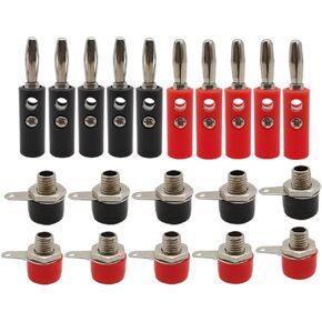 10Pair Silver 4mm Banana Plug Male and Female 4mm Banana Jack Panel Mount Banana Socket Terminal Connector Adapter Red Black (5Red5Black)