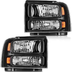Headlight Assembly For Ford For F250 For F350 For F450 For F550 Super Duty 2005 2006 2007 For Ford Excursion 2005 Black Housing Amber Reflector Clear Lens Driver and Passenger Side Headlamp