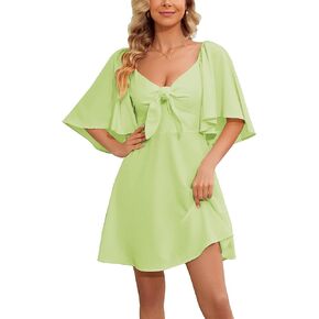 Summer Dresses for Women Casual Bow Tie Deep V Neck Ruffle Sleeves Flowy A-Line Mini Dress 2024
