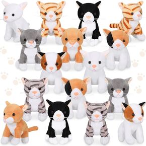 HyDren 16 Pcs Plush Animals Bulk Operation Small Cat Dog Plush Pet Stuffed Mini Kitten Puppy Toys for Birthday Animal Party Favors(Lying Cat)