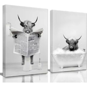 2 Pieces Framed Funny Highland Cow Wall Art Cow in Bathtub Pictures for Bathroom Wall Decor Humor Animals Artwork Prints Rustic Farmhouse Poster12"x16"x2