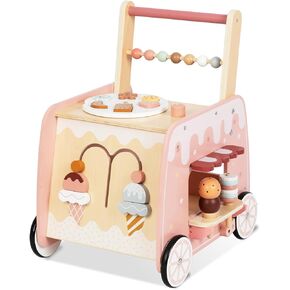 Wooden Baby Walker, Multifunctional Ice Cream Cart Activity Toy for Learning to Push Walk with Wheels, Pretend Playset Ideal for Toddlers, Boys and Girls Ages 1-3