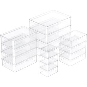 16pcs Small Plastic Organizer Storage Boxes 4 Sizes Rectangle Clear Plastic Organizer Storage Box Mini Mini Empty Containers with Lids for Beads, Jewelry, Nail Art, Crafting