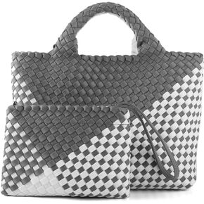 Woven Bag for Women, Neoprene Tote Bag Summer Beach Handbag Purse Retro Handmade Travel Shoulder Bag Set