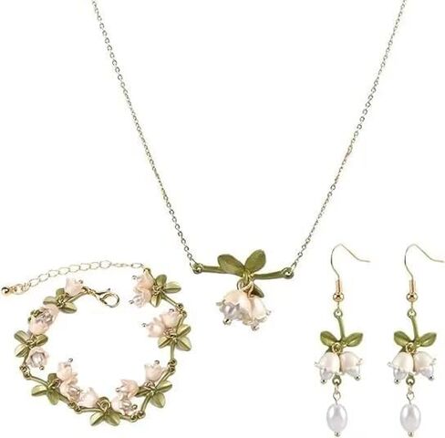 Lily of The Valley Necklace Flower Leaf Bracelet Pearl Valley Lily Dangle Earrings for Women Flower Long Necklace Flower Dangle Earrings Lily of the Valley Jewelry Set for Girls in Saudi Arabia