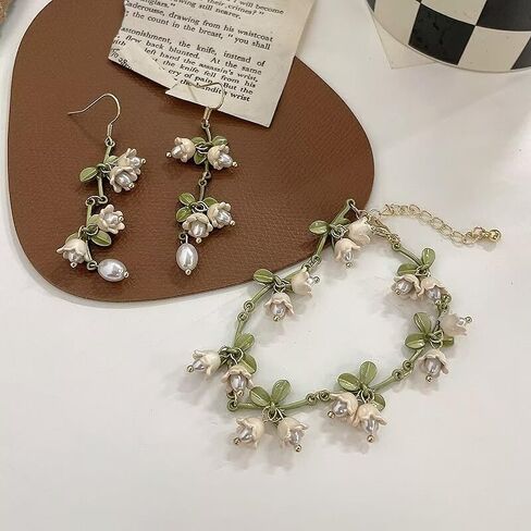 زنبق الوادي قلادة زهرة ليف سوار لؤلؤة الوادي زنبق تتدلى أقراط للنساء زهرة قلادة طويلة زهرة تتدلى أقراط زنبق الوادي مجموعة مجوهرات للفتيات in Kuwait