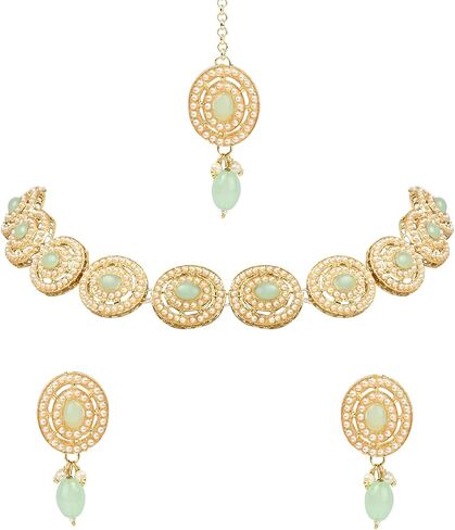 مجموعة مجوهرات الزفاف الهندية من I Jewels مصنوعة يدويًا من قلادة من اللؤلؤ مع أقراط ومجموعة Maang Tikka للنساء والفتيات (ML329) in Kuwait