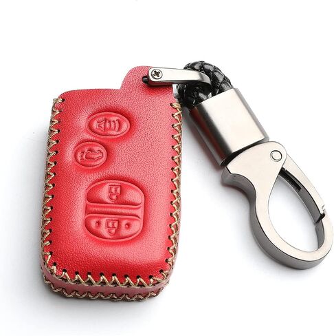 Leather for Toyota Camry Avalon Corolla Highlander Prius RAV4 Venza Remote 4 Buttons Key Case Holder Cover Fob Chain (Red) in Saudi Arabia