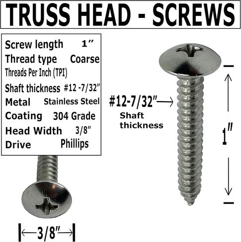 #12 x 1" - 18-8 (304) Stainless Steel Truss Head Screw - Fast Self Tapping Wood - Phillips Drive - Full Thread -Bright Finish - 1 in by BRAUNY BOY HARDWARE (100, Screws) in Saudi Arabia