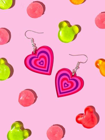 Pink heart earrings for women and men kawaii weird accessories for teen girls and boys hot quirky jewelry aesthetic cool cute trend preppy items for anime cosplay and costume party in Saudi Arabia