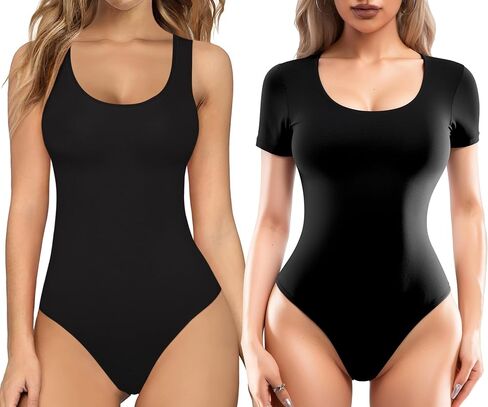 MANGOPOP Short Sleeve Bodysuits for Women Scoop Neck Thong Bodysuit Tops in Saudi Arabia