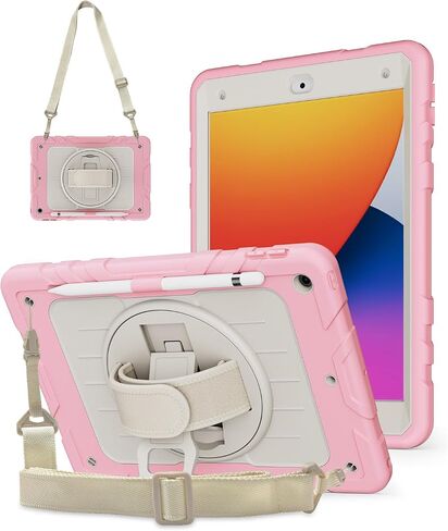 Case for iPad 9th/ 8th/ 7th Generation Case 10.2’’, Shockproof with Pencil Holder 360° Rotating Hand Strap &Stand, Shoulder Strap, for 10.2 inch 2021/2020/2019 (Black) in Saudi Arabia