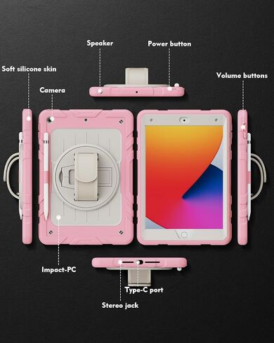 Case for iPad 9th/ 8th/ 7th Generation Case 10.2’’, Shockproof with Pencil Holder 360° Rotating Hand Strap &Stand, Shoulder Strap, for 10.2 inch 2021/2020/2019 (Black) in Saudi Arabia