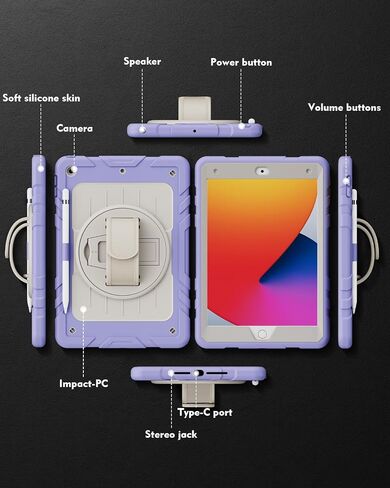 Case for iPad 9th/ 8th/ 7th Generation Case 10.2’’, Shockproof with Pencil Holder 360° Rotating Hand Strap &Stand, Shoulder Strap, for 10.2 inch 2021/2020/2019 (Black) in Saudi Arabia