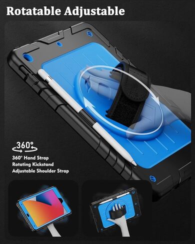 Case for iPad 9th/ 8th/ 7th Generation Case 10.2’’, Shockproof with Pencil Holder 360° Rotating Hand Strap &Stand, Shoulder Strap, for 10.2 inch 2021/2020/2019 (Black) in Saudi Arabia
