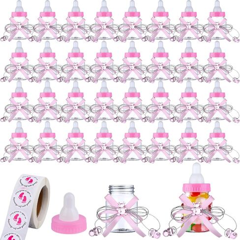 62 قطعة من زجاجات حليب الأطفال الصغيرة مقاس 3.5 بوصة مع 500 لاصق شكرًا لك على ملصقات الاستحمام، زجاجة حلوى دب بلاستيكية صغيرة مع شريط لديكور حفلات التعميد للأطفال حديثي الولادة (أزرق) in Kuwait