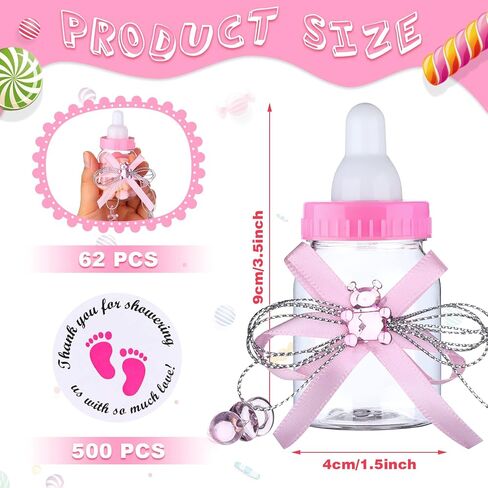 62 قطعة من زجاجات حليب الأطفال الصغيرة مقاس 3.5 بوصة مع 500 لاصق شكرًا لك على ملصقات الاستحمام، زجاجة حلوى دب بلاستيكية صغيرة مع شريط لديكور حفلات التعميد للأطفال حديثي الولادة (أزرق) in Kuwait