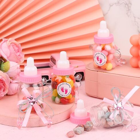 62 قطعة من زجاجات حليب الأطفال الصغيرة مقاس 3.5 بوصة مع 500 لاصق شكرًا لك على ملصقات الاستحمام، زجاجة حلوى دب بلاستيكية صغيرة مع شريط لديكور حفلات التعميد للأطفال حديثي الولادة (أزرق) in Kuwait