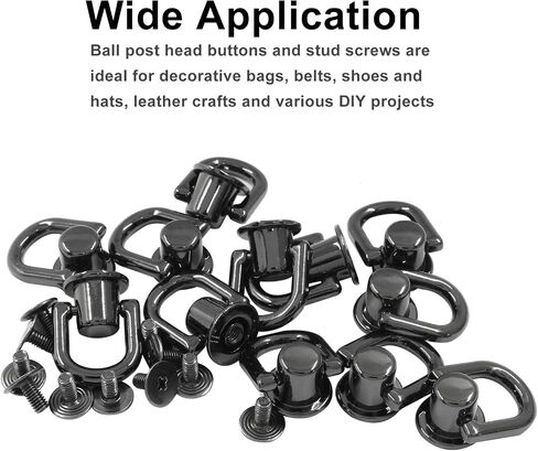 Piutouyar 12 Pcs Bright Black D Ring for Purse, Metal D Ring Stud Screw Ball Post Head Buttons Stud Screw, 360 Degree Rotatable D Rings Rivets for Wallet Shoes Stud Leather DIY Craft in Saudi Arabia