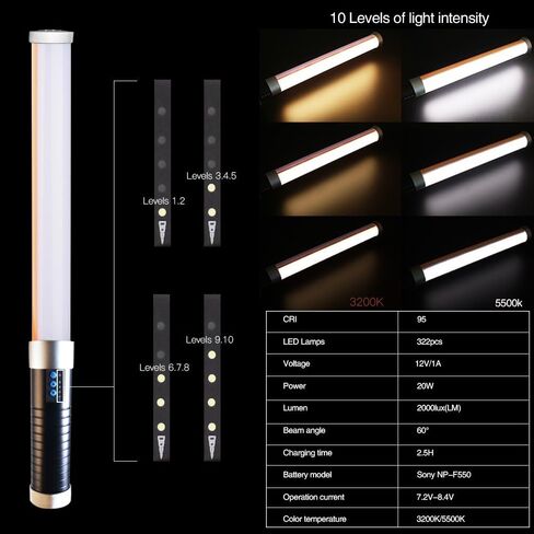 مصباح أنبوبي سحري من Mcoplus، طقم عصا إضاءة، عصا إضاءة فيديو LED محمولة (جهاز تحكم عن بعد + بطارية واحدة + شاحن + محول طاقة)، ​​سفر محمول للتصوير الفوتوغرافي، 10 مستويات سطوع، درجة حرارة لون قابلة للتعديل in Kuwait