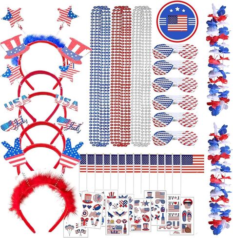 إكسسوارات حفلات الرابع من يوليو، زينة لوازم الحفلات السائبة 98 قطعة تتضمن 6 عصابات رأس وطنية، 6 أكواب، 12 قلادة خرز، 60 نمط وشم، 2 قلائد ليس و12 علمًا أمريكيًا ليوم الذكرى in Kuwait