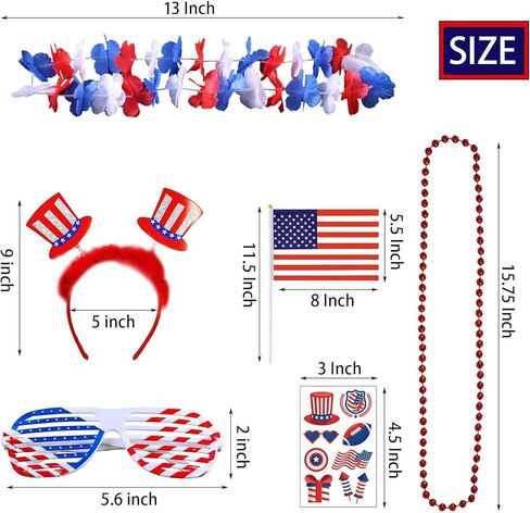 إكسسوارات حفلات الرابع من يوليو، زينة لوازم الحفلات السائبة 98 قطعة تتضمن 6 عصابات رأس وطنية، 6 أكواب، 12 قلادة خرز، 60 نمط وشم، 2 قلائد ليس و12 علمًا أمريكيًا ليوم الذكرى in Kuwait