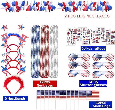 إكسسوارات حفلات الرابع من يوليو، زينة لوازم الحفلات السائبة 98 قطعة تتضمن 6 عصابات رأس وطنية، 6 أكواب، 12 قلادة خرز، 60 نمط وشم، 2 قلائد ليس و12 علمًا أمريكيًا ليوم الذكرى in Kuwait