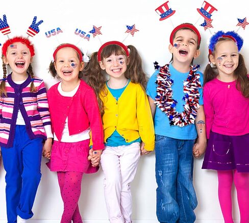 إكسسوارات حفلات الرابع من يوليو، زينة لوازم الحفلات السائبة 98 قطعة تتضمن 6 عصابات رأس وطنية، 6 أكواب، 12 قلادة خرز، 60 نمط وشم، 2 قلائد ليس و12 علمًا أمريكيًا ليوم الذكرى in Kuwait