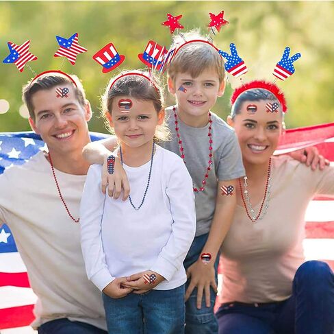 إكسسوارات حفلات الرابع من يوليو، زينة لوازم الحفلات السائبة 98 قطعة تتضمن 6 عصابات رأس وطنية، 6 أكواب، 12 قلادة خرز، 60 نمط وشم، 2 قلائد ليس و12 علمًا أمريكيًا ليوم الذكرى in Kuwait