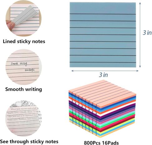 800 Sheets Lined Sticky Notes, 3x3 in, 16 Pads Sticky Notes, Bright Post Stickies Multi Colors Square Self Pad Its Meeting Note for Office Homeschool Supplies in Saudi Arabia