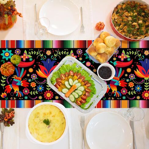 Linen Mexican Fiesta Table Runner Decoration 72×13inch Long Cinco De Mayo Dia De Los Muertos Runners Farmhouse Rustic Runner Day of The Dead Decor and Supplies for Kitchen Dining Home Table Decoration in Saudi Arabia
