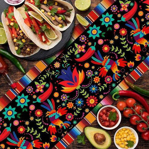 Linen Mexican Fiesta Table Runner Decoration 72×13inch Long Cinco De Mayo Dia De Los Muertos Runners Farmhouse Rustic Runner Day of The Dead Decor and Supplies for Kitchen Dining Home Table Decoration in Saudi Arabia
