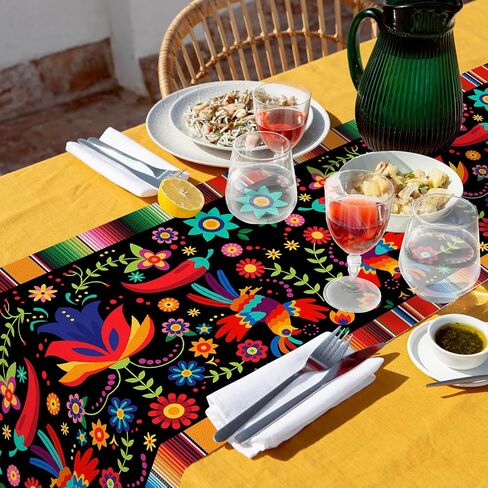 Linen Mexican Fiesta Table Runner Decoration 72×13inch Long Cinco De Mayo Dia De Los Muertos Runners Farmhouse Rustic Runner Day of The Dead Decor and Supplies for Kitchen Dining Home Table Decoration in Saudi Arabia