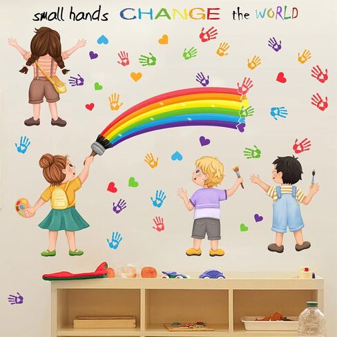 2Pcs Rainbow Wall Decals, Wall Stickers for Kids Inspirational Quotes Small Hands Change The World Playroom School Classroom Nursery Preschool Wall Stickers Girls Bedroom Wall Stickers Decor in Saudi Arabia